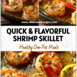 Golden shrimp in a lemon garlic olive-oil sauce served in a skillet as an easy seafood dinner.